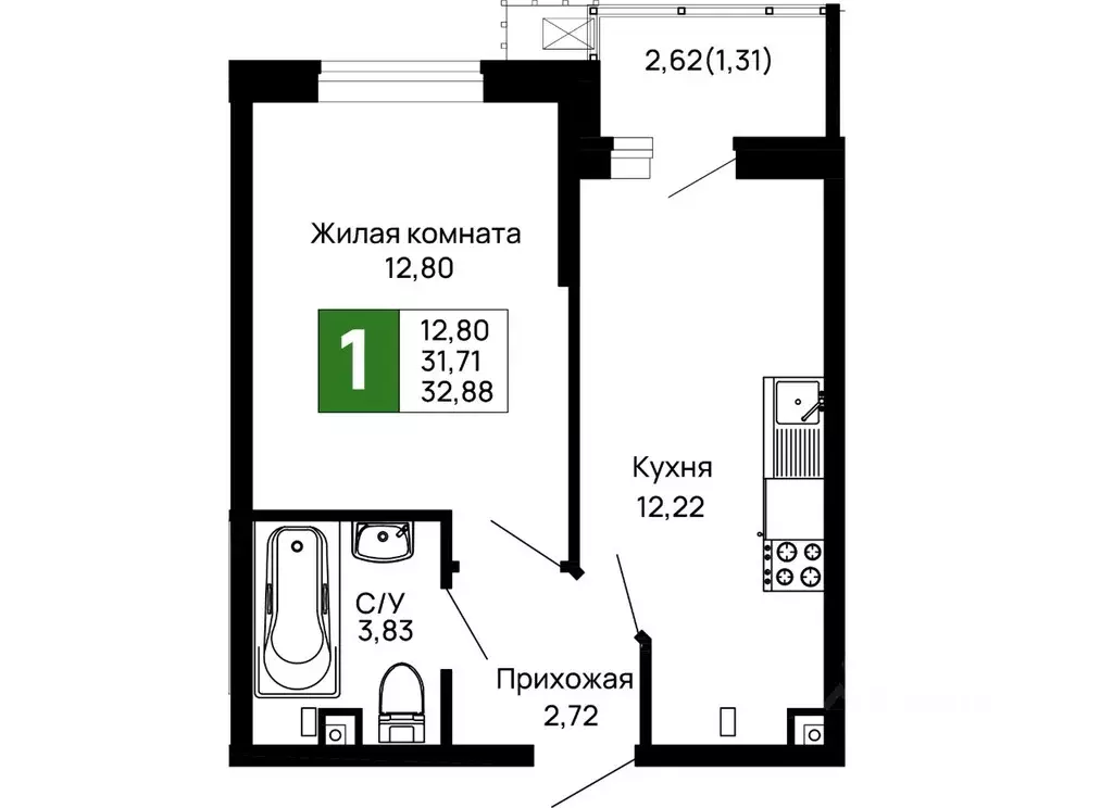 1-к кв. Адыгея, Майкоп 9 Мая ул., 14А (32.88 м) - Фото 1