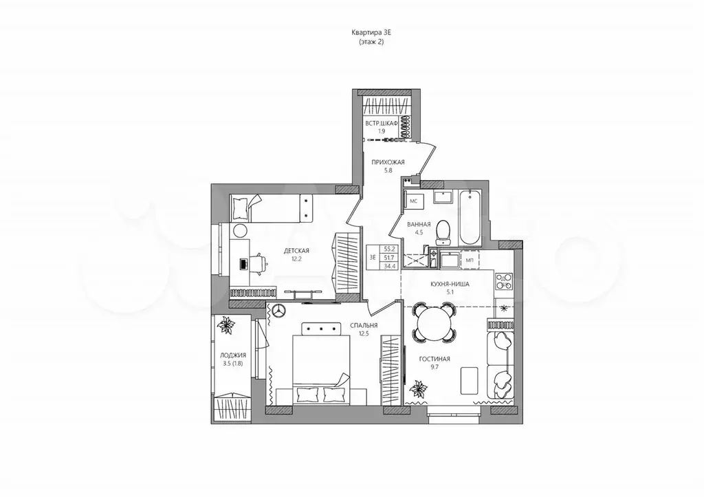 3-к. квартира, 53,5 м, 2/16 эт. - Фото 0