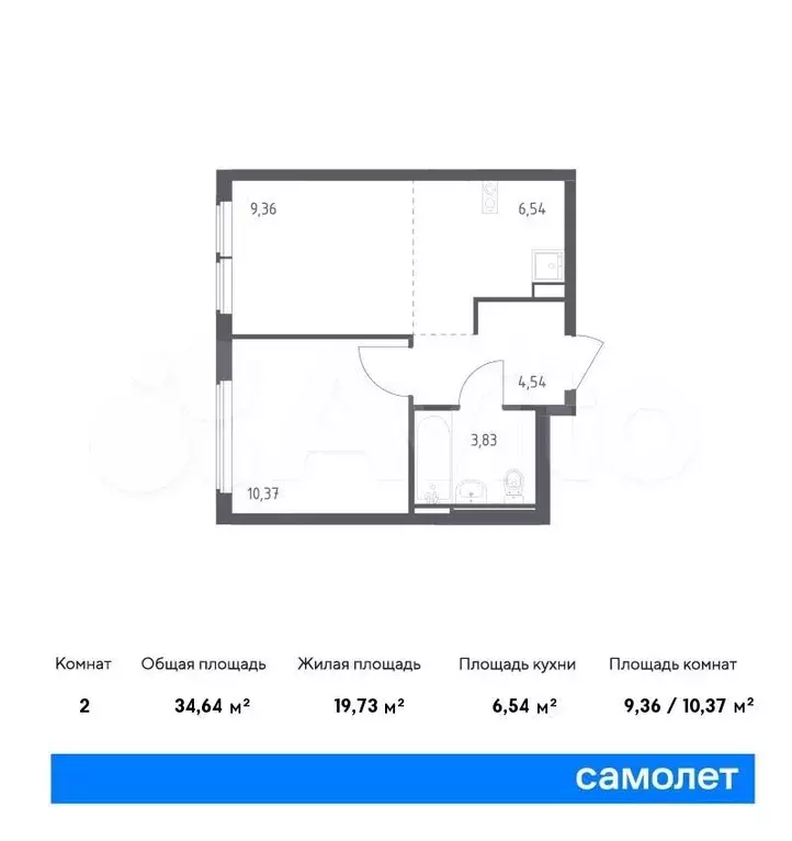 1-к. квартира, 34,6м, 9/14эт. - Фото 0