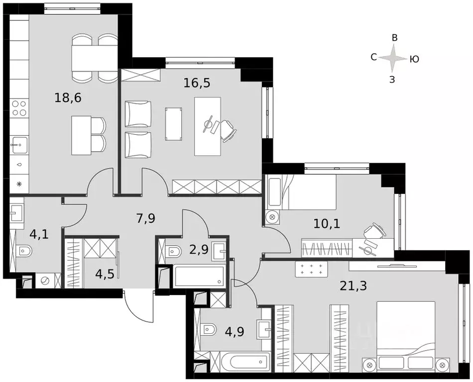 3-к кв. Москва Сидней Сити жилой комплекс, к2/2 (90.8 м) - Фото 2