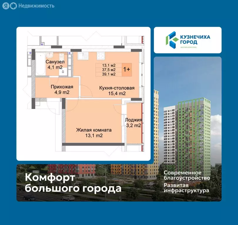 1-комнатная квартира: Нижний Новгород, ЖК Кузнечиха Город (39.1 м) - Фото 1