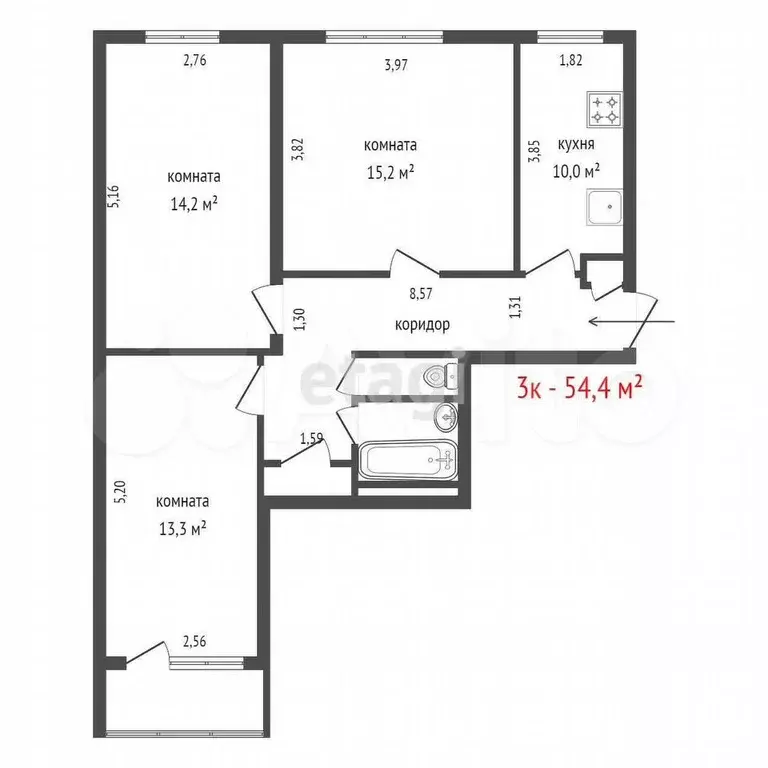 3-к. квартира, 54,4 м, 3/9 эт. - Фото 0