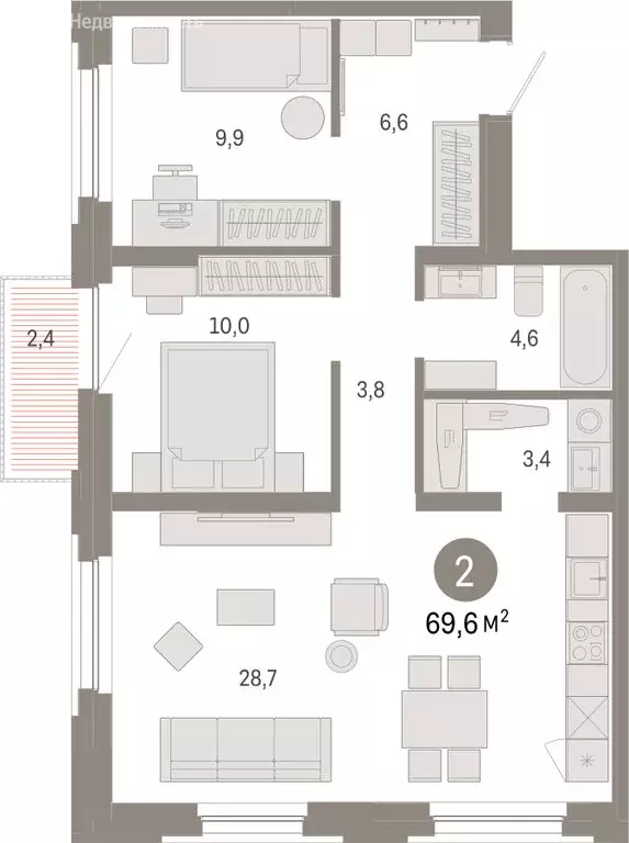 2-комнатная квартира: Тюмень, Мысовская улица, 26к2 (69.55 м) - Фото 1