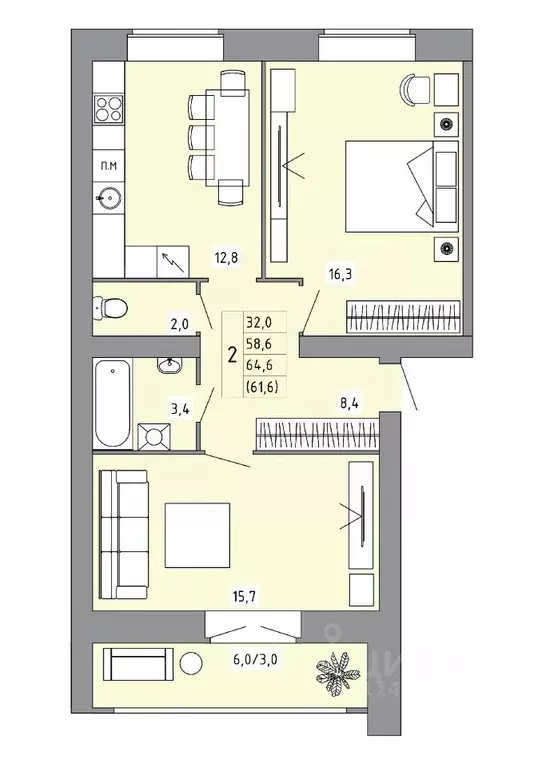 2-к кв. Костромская область, Кострома Калиновская ул., 28А (61.0 м) - Фото 1