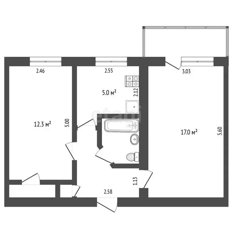 2-комнатная квартира: Тюмень, улица Белинского, 12 (44.5 м) - Фото 1