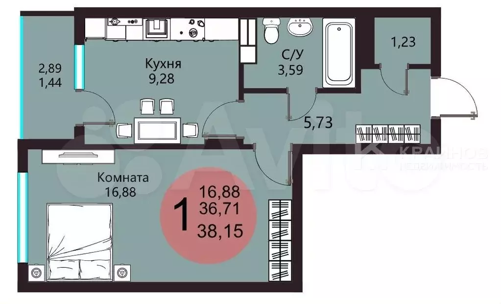 1-к. квартира, 38,2 м, 10/19 эт. - Фото 1