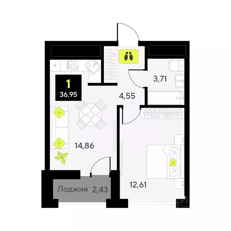 1-к кв. Тюменская область, Тюмень ул. Андрея Приказнова, 7 (36.95 м) - Фото 1