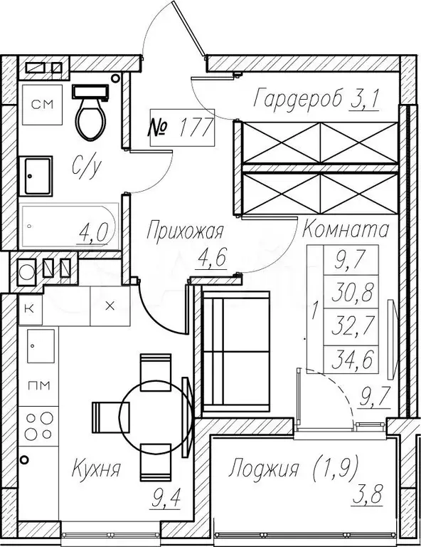 1-к. квартира, 32,7 м, 2/5 эт. - Фото 1