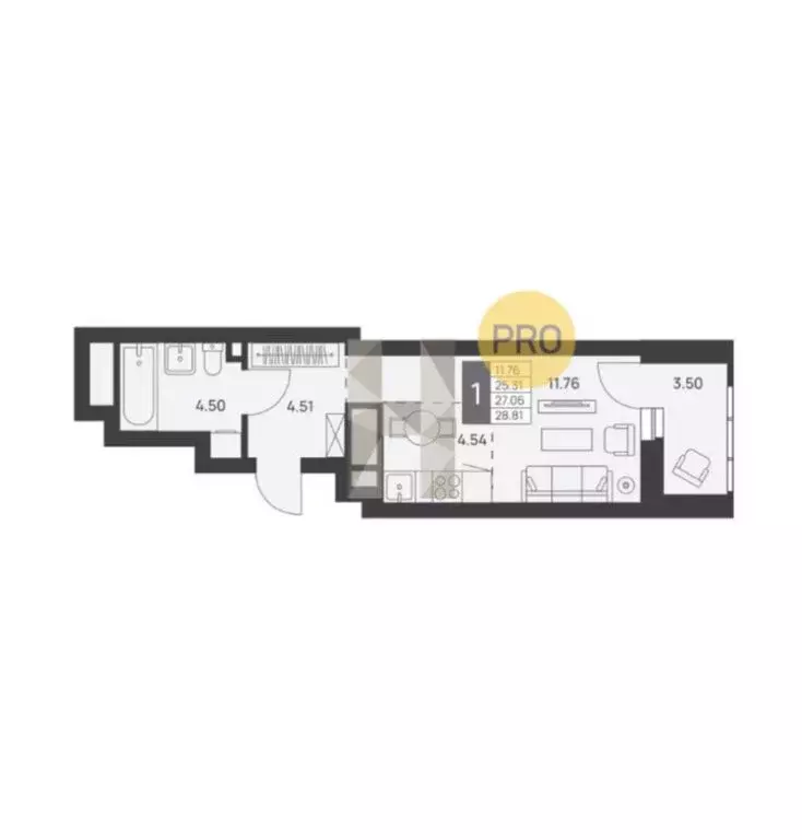 Квартира-студия: Екатеринбург, улица Молодогвардейцев, 1 (25 м) - Фото 1