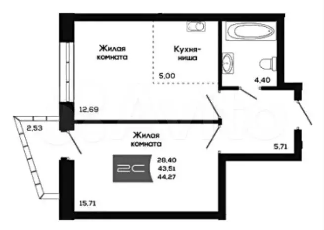 2-к. квартира, 43,9 м, 14/25 эт. - Фото 0