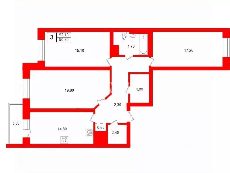 3-к кв. Санкт-Петербург Варшавская ул., 6к1 (90.9 м) - Фото 2