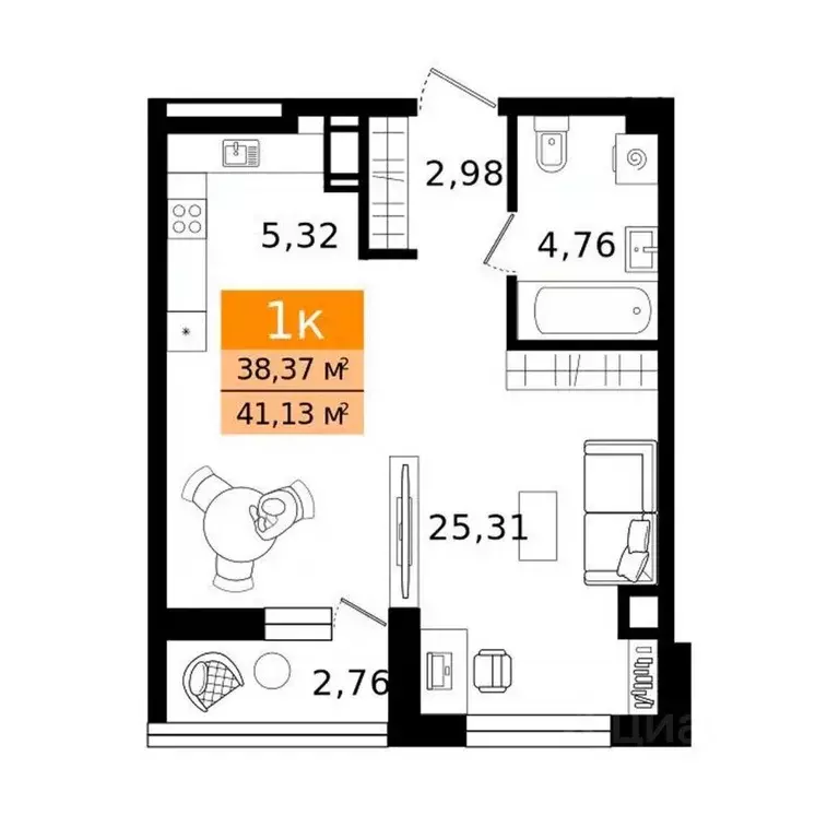 1-к кв. Курганская область, Курган просп. Конституции (41.13 м) - Фото 2