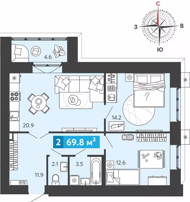 2-комнатная квартира: Засечное, микрорайон Город Спутник (69.8 м) - Фото 1