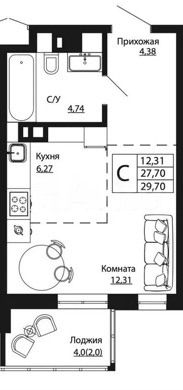 Квартира-студия, 29,7 м, 3/24 эт. - Фото 0