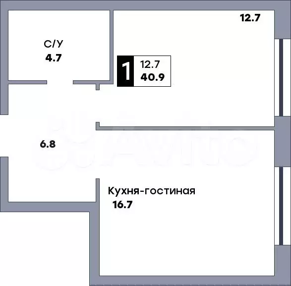 1-к. квартира, 40,9 м, 4/19 эт. - Фото 0