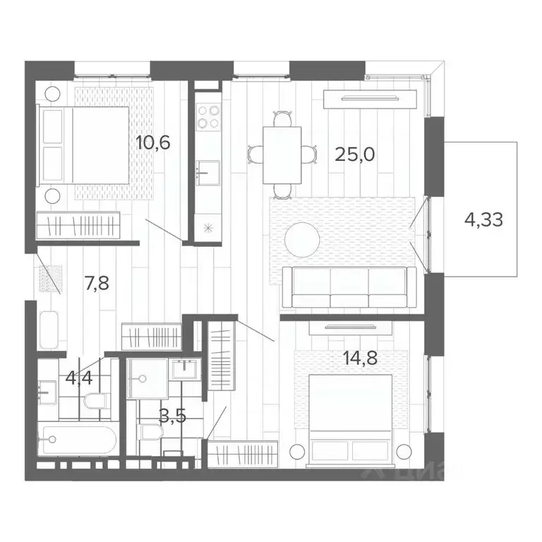 3-к кв. Алтайский край, Барнаул тракт Змеиногорский, 35Б (69.92 м) - Фото 1