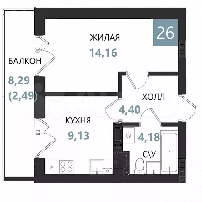 1-к. квартира, 34,4 м, 5/5 эт. - Фото 0