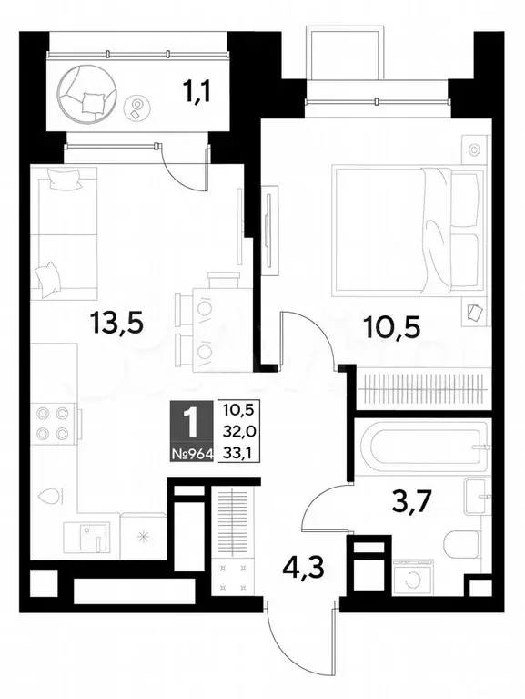 1-к. квартира, 33,1 м, 13/21 эт. - Фото 0