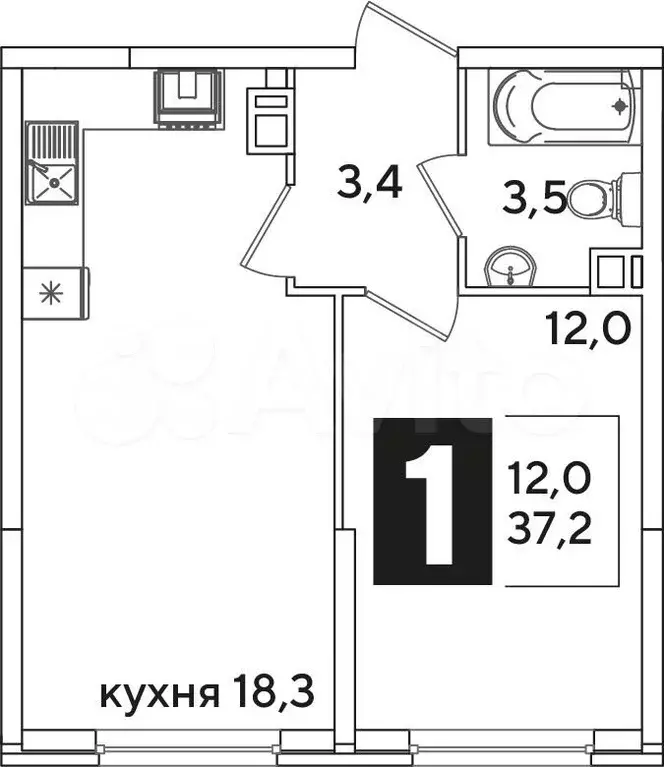 1-к. квартира, 37,2 м, 5/16 эт. - Фото 1