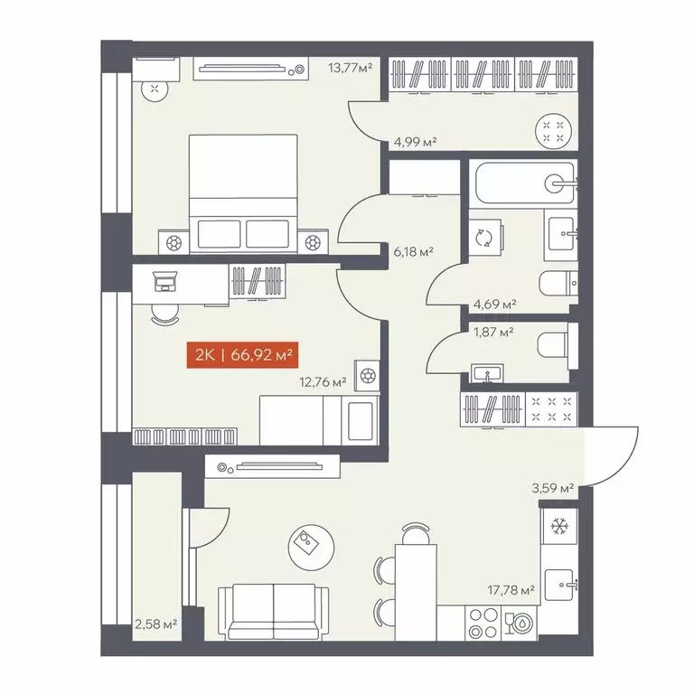 2-комнатная квартира: Томск, Красноармейская улица, 144 (66.92 м) - Фото 1