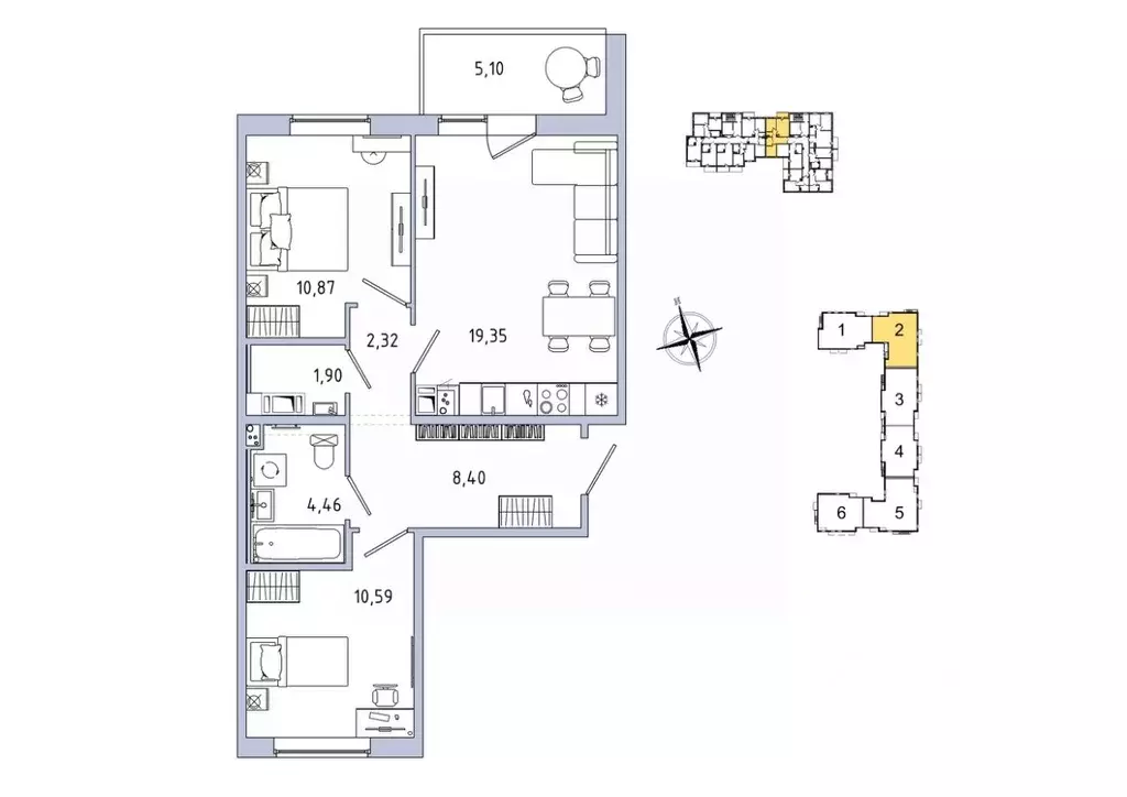 2-к кв. Ленинградская область, Гатчина Въезд мкр,  (60.44 м) - Фото 1