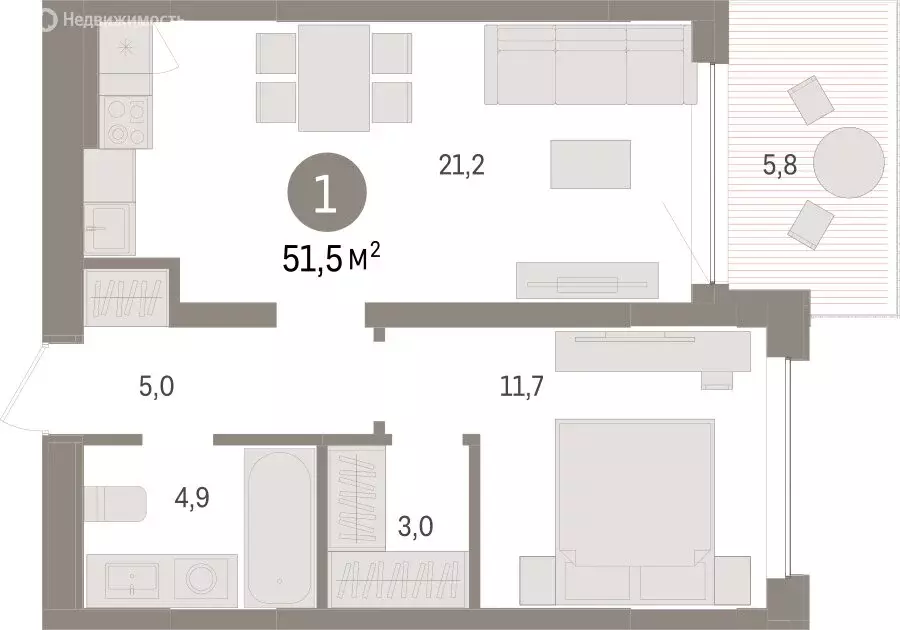 1-комнатная квартира: Тюмень, ЖК Дом у Озера (51.52 м) - Фото 1