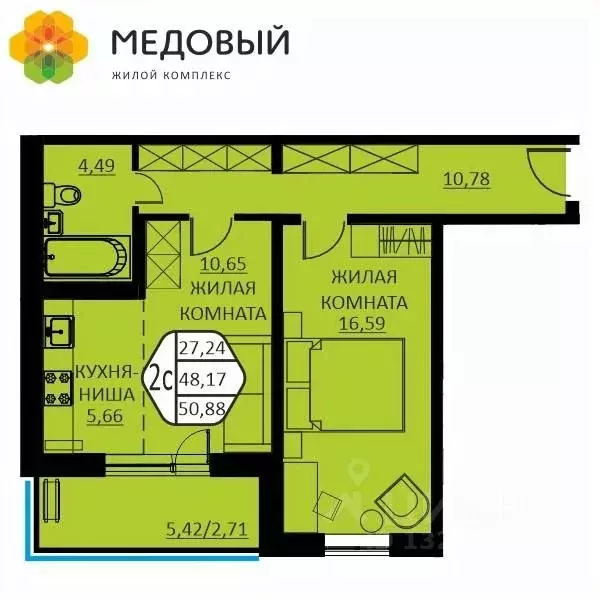 2-к кв. Пермский край, д. Кондратово ул. Г.Н. Нифантова, 12 (50.88 м) - Фото 0