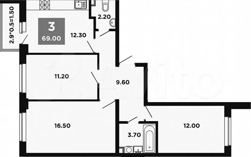 3-к. квартира, 69м, 1/12эт. - Фото 1