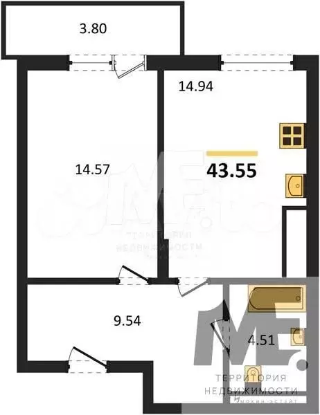 1-к. квартира, 43,6 м, 5/7 эт. - Фото 0
