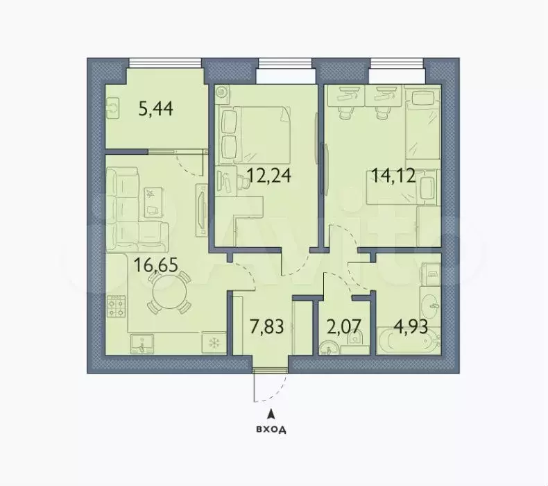 2-к. квартира, 63,3 м, 8/8 эт. - Фото 1