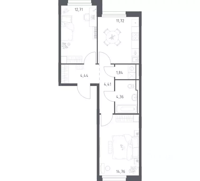 Квартира, 2 комнаты, 54.24 м - Фото 1