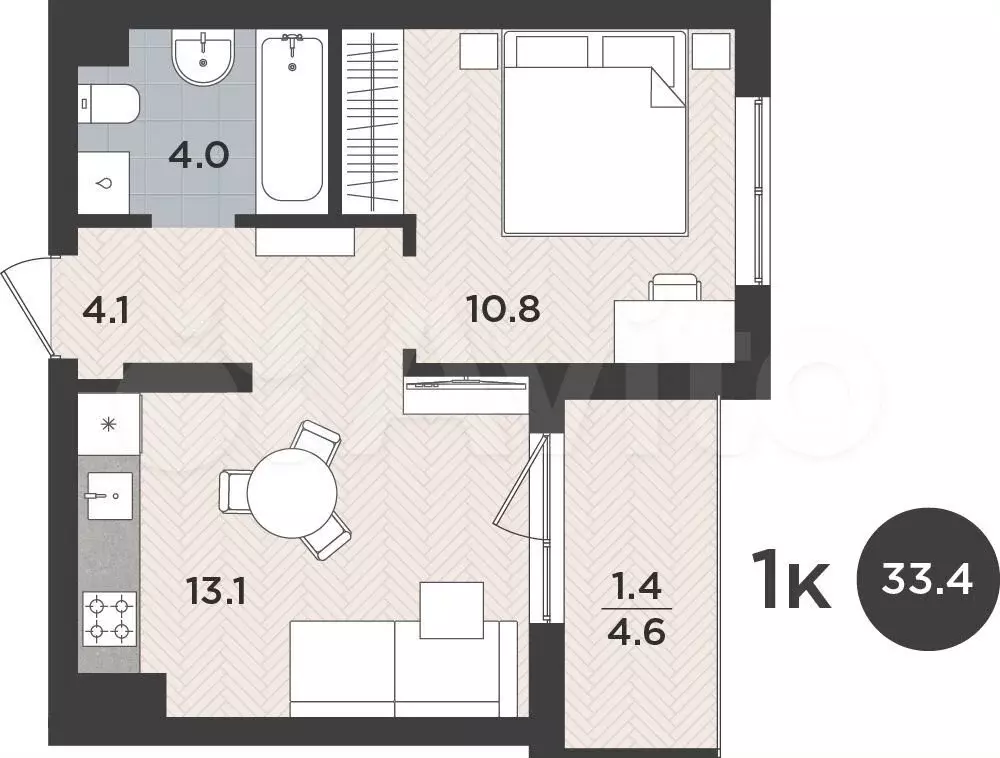 1-к. квартира, 33,4 м, 4/9 эт. - Фото 0