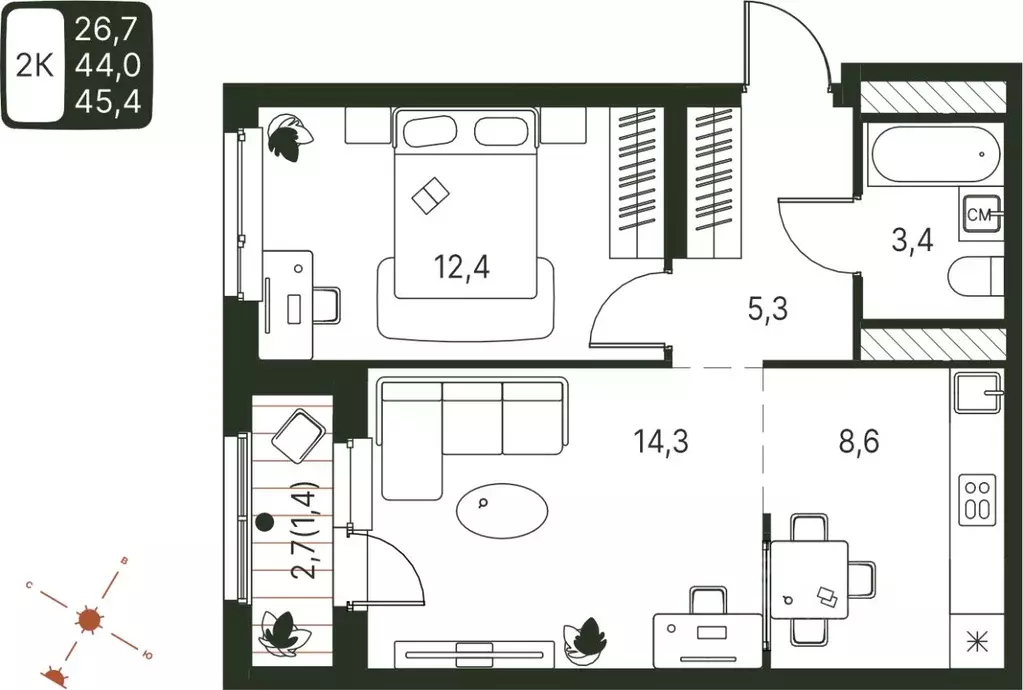 Студия Пермский край, Пермь ул. Серебристая, 1 (45.4 м) - Фото 1