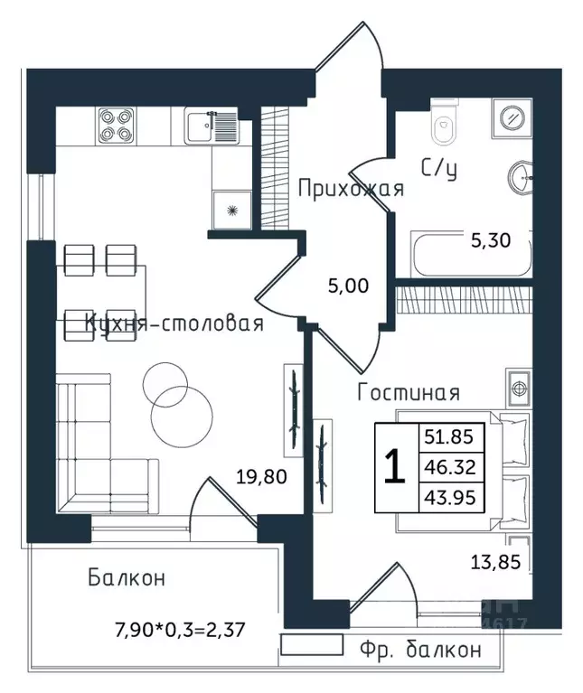 1-к кв. Калининградская область, Янтарный пгт ул. Советская (51.85 м) - Фото 1