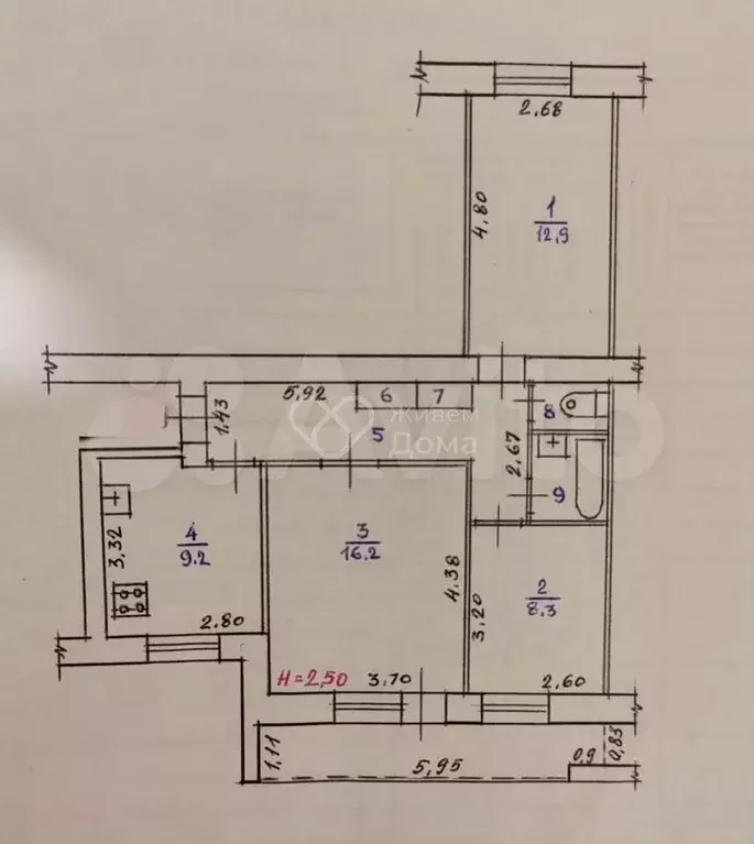 3-к. квартира, 63 м, 9/9 эт. - Фото 0