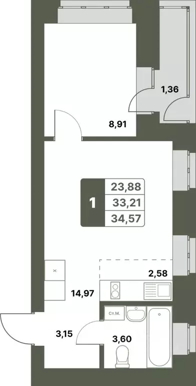 1-к кв. Башкортостан, Уфимский район, с. Миловка  (34.57 м) - Фото 1