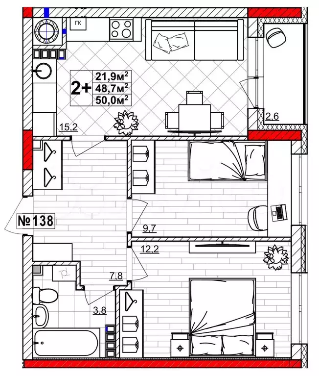 2-к. квартира, 50 м, 4/4 эт. - Фото 0