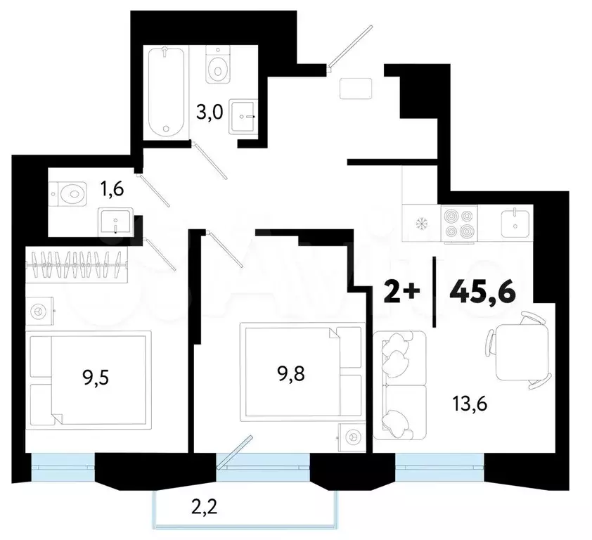 2-к. квартира, 45,6 м, 24/25 эт. - Фото 0