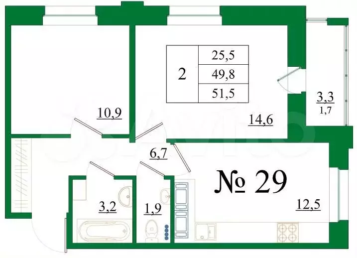 2-к. квартира, 51,5 м, 4/8 эт. - Фото 0