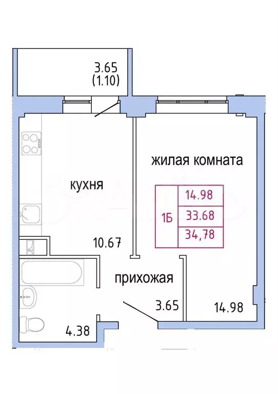 1-к. квартира, 34.8 м, 5/9 эт. - Фото 1