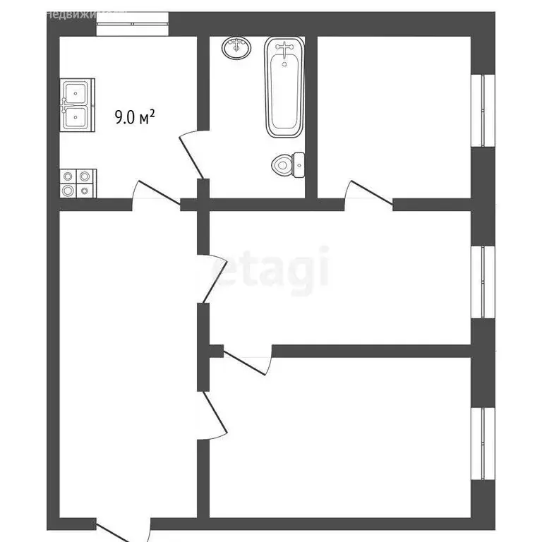 3-комнатная квартира: село Молотицы, улица Гагарина, 28 (45.4 м) - Фото 1