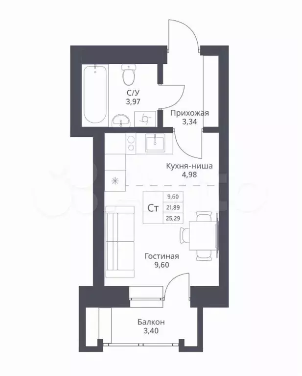 Квартира-студия, 25,3 м, 4/24 эт. - Фото 0