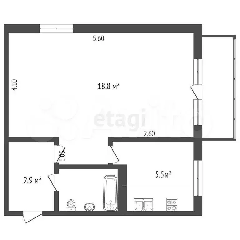 1-к. квартира, 30,1 м, 4/5 эт. - Фото 1