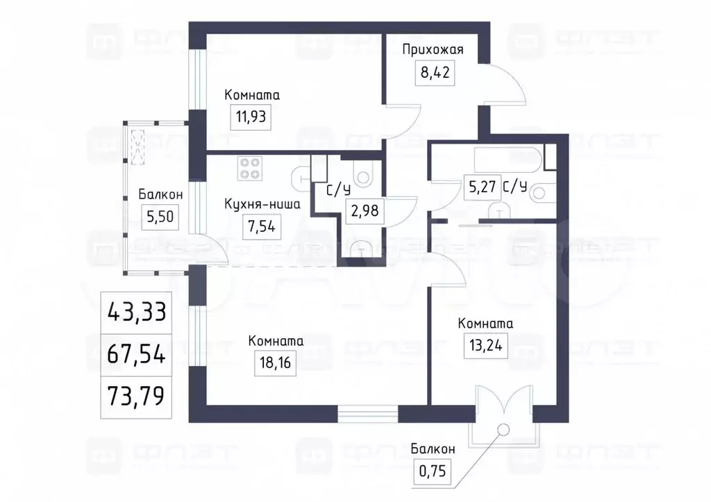 2-к. квартира, 73,8 м, 4/9 эт. - Фото 0