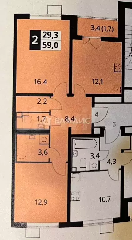 2-к. квартира, 57,5 м, 3/25 эт. - Фото 0
