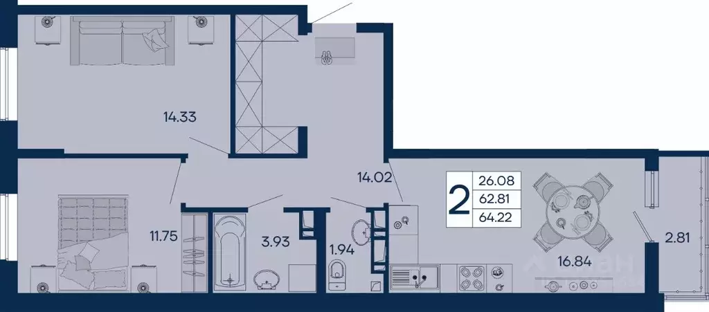 2-к кв. Краснодарский край, Краснодар  (64.22 м) - Фото 1