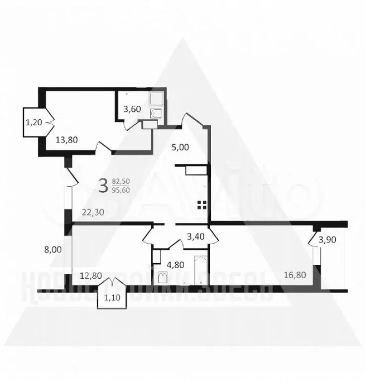 3-к. квартира, 95,6 м, 5/9 эт. - Фото 1