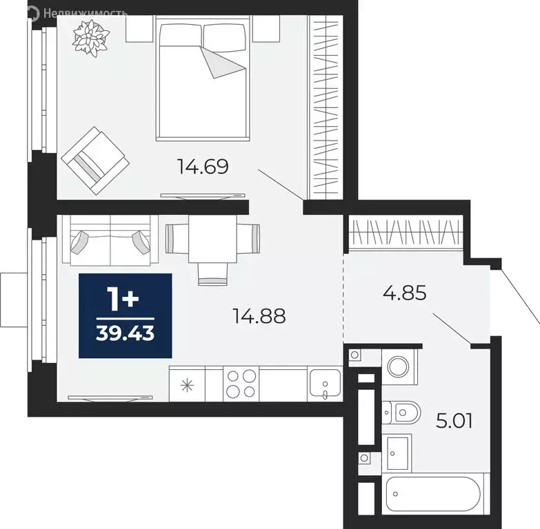 1-комнатная квартира: Тюмень, ЖК Айвазовский Сити (39.43 м) - Фото 1