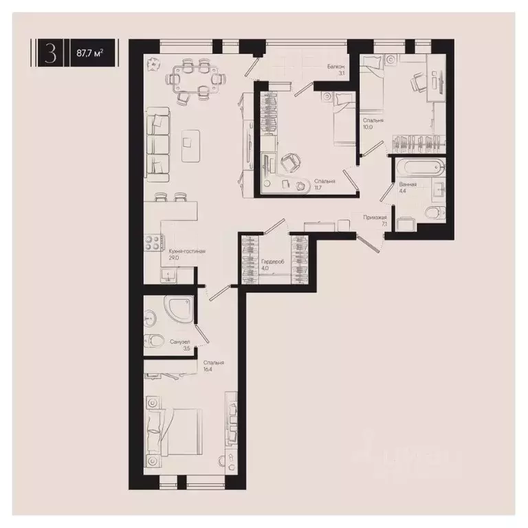 3-к кв. Краснодарский край, Краснодар ул. Им. Мурата Ахеджака, 20 ... - Фото 0