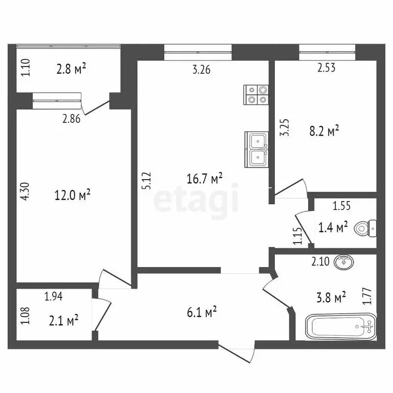 2-комнатная квартира: Тюмень, улица Федюнинского, 5 (51.7 м) - Фото 1